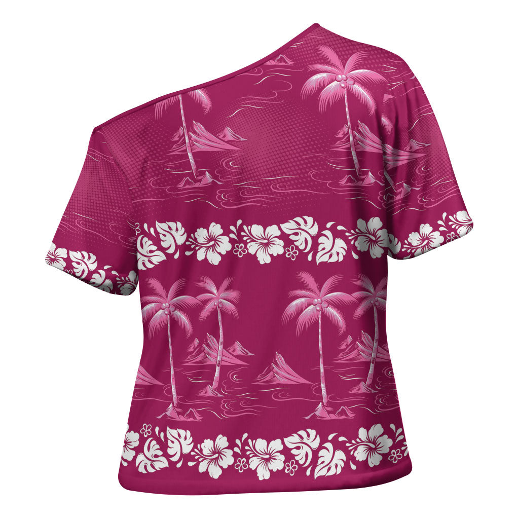 Pink Hawaii Palm Tree Hibiscus Cross Shoulder Shirt Fantasy Summer Vibe