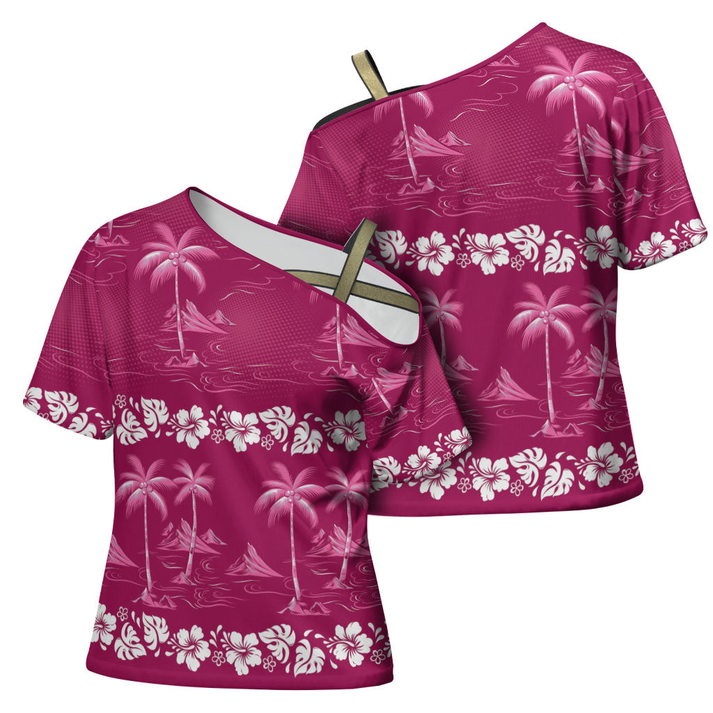 Pink Hawaii Palm Tree Hibiscus Cross Shoulder Shirt Fantasy Summer Vibe