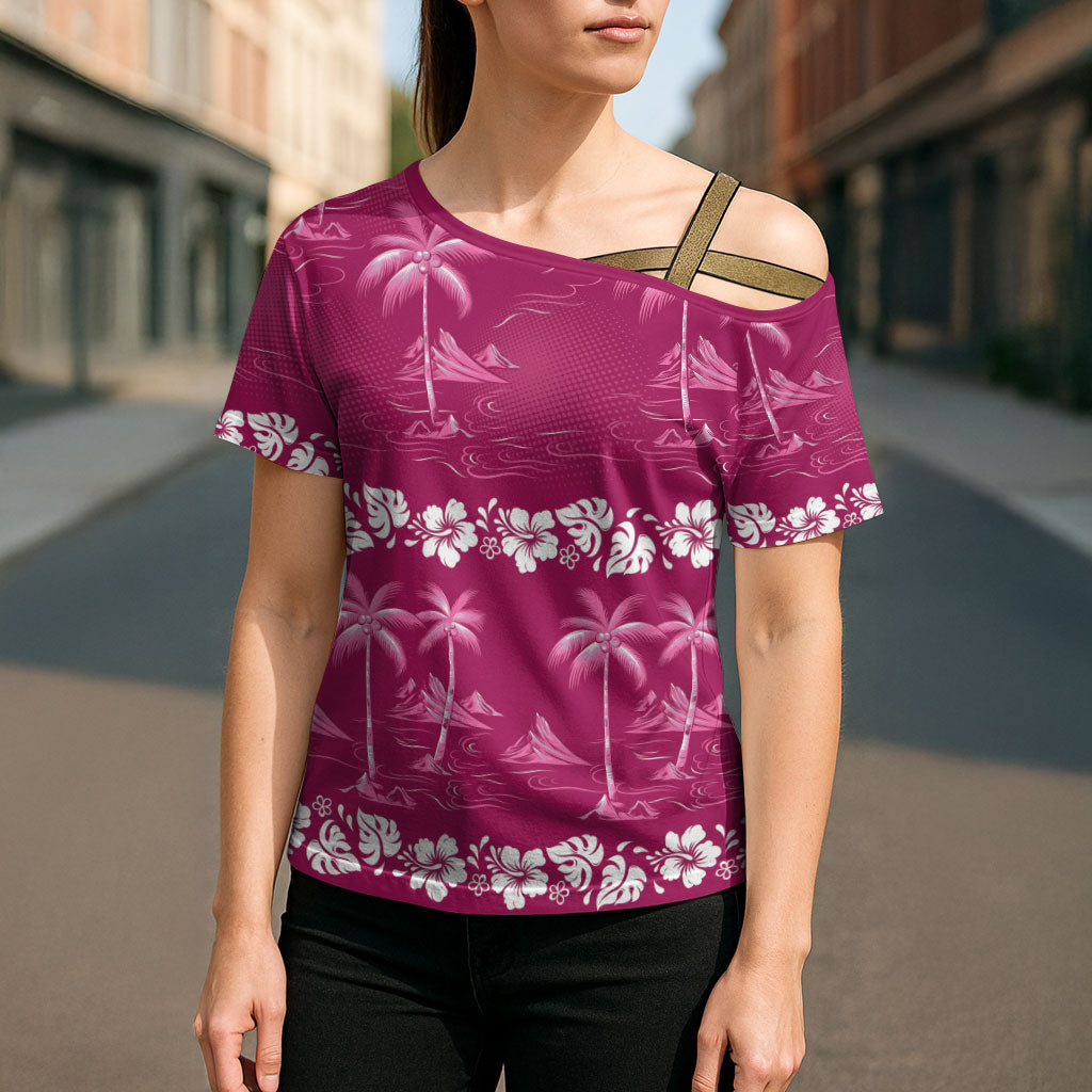Pink Hawaii Palm Tree Hibiscus Cross Shoulder Shirt Fantasy Summer Vibe