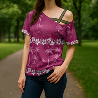 Pink Hawaii Palm Tree Hibiscus Cross Shoulder Shirt Fantasy Summer Vibe