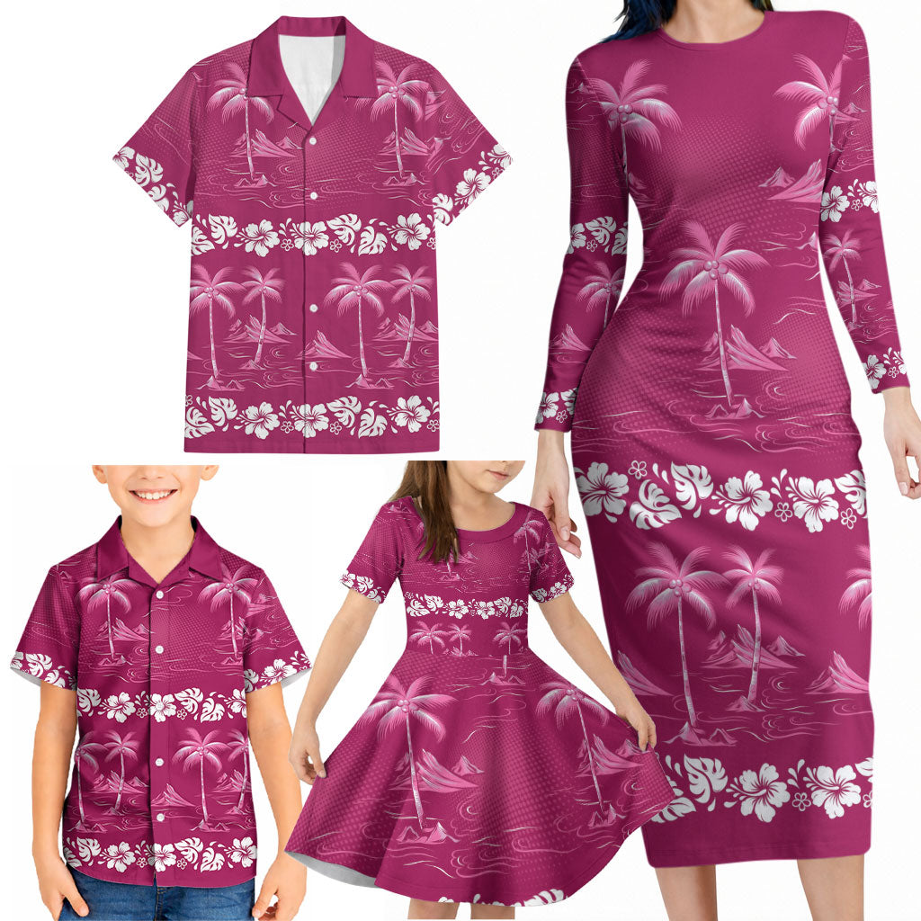 Pink Hawaii Palm Tree Hibiscus Family Matching Long Sleeve Bodycon Dress and Hawaiian Shirt Fantasy Summer Vibe
