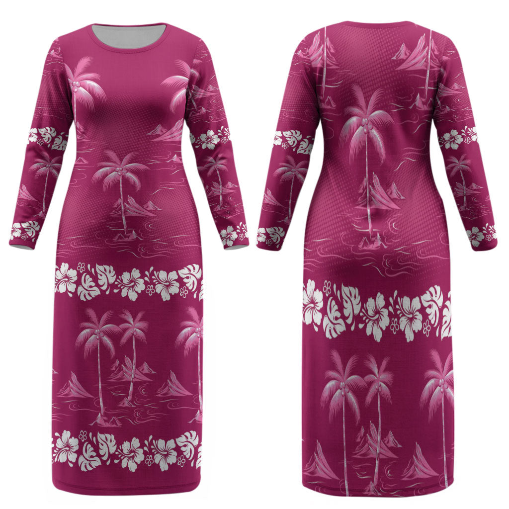 Pink Hawaii Palm Tree Hibiscus Family Matching Long Sleeve Bodycon Dress and Hawaiian Shirt Fantasy Summer Vibe