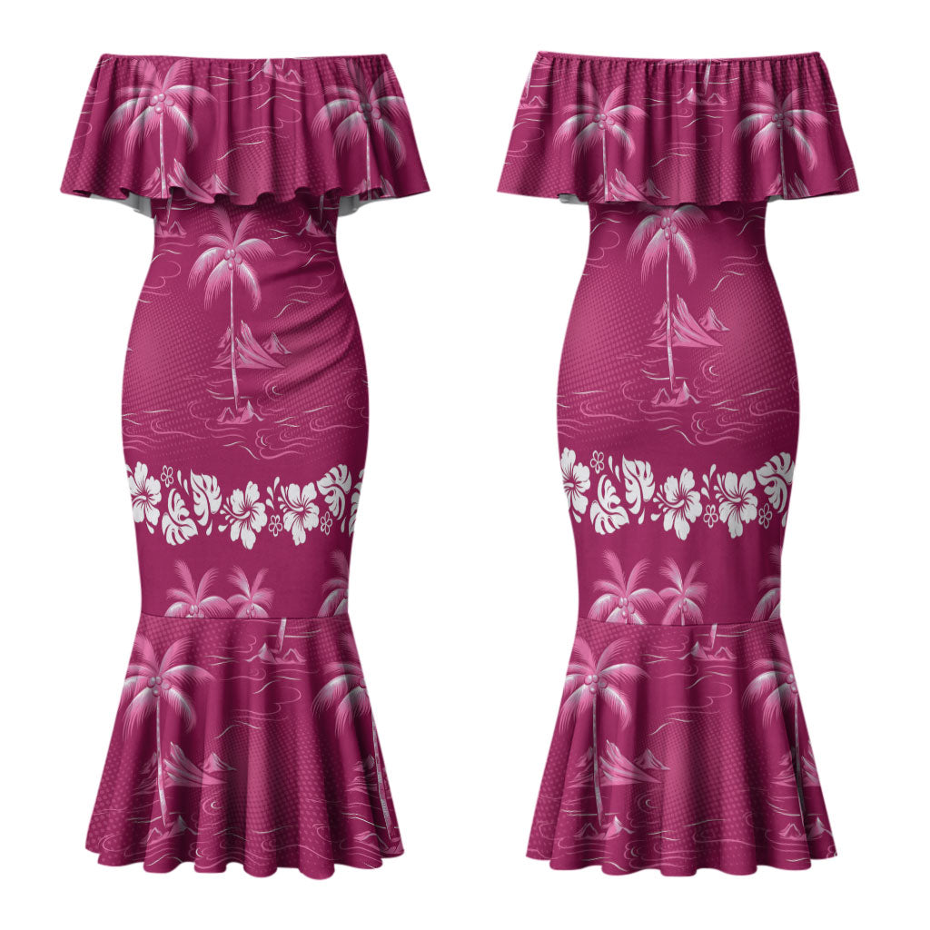 Pink Hawaii Palm Tree Hibiscus Family Matching Mermaid Dress and Hawaiian Shirt Fantasy Summer Vibe