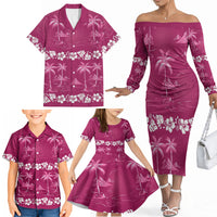 Pink Hawaii Palm Tree Hibiscus Family Matching Off The Shoulder Long Sleeve Dress and Hawaiian Shirt Fantasy Summer Vibe