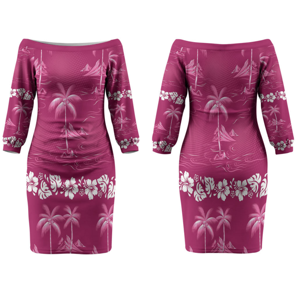 Pink Hawaii Palm Tree Hibiscus Family Matching Off The Shoulder Long Sleeve Dress and Hawaiian Shirt Fantasy Summer Vibe