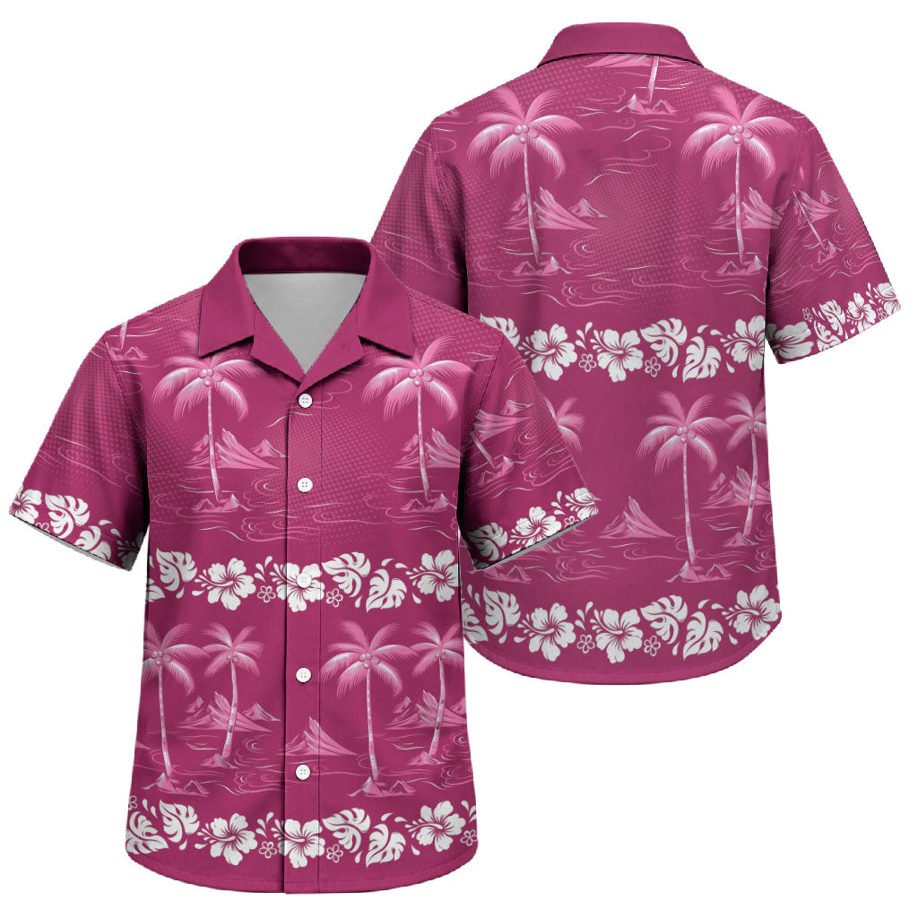 Pink Hawaii Palm Tree Hibiscus Family Matching Off The Shoulder Long Sleeve Dress and Hawaiian Shirt Fantasy Summer Vibe
