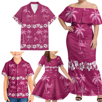 Pink Hawaii Palm Tree Hibiscus Family Matching Off Shoulder Maxi Dress and Hawaiian Shirt Fantasy Summer Vibe