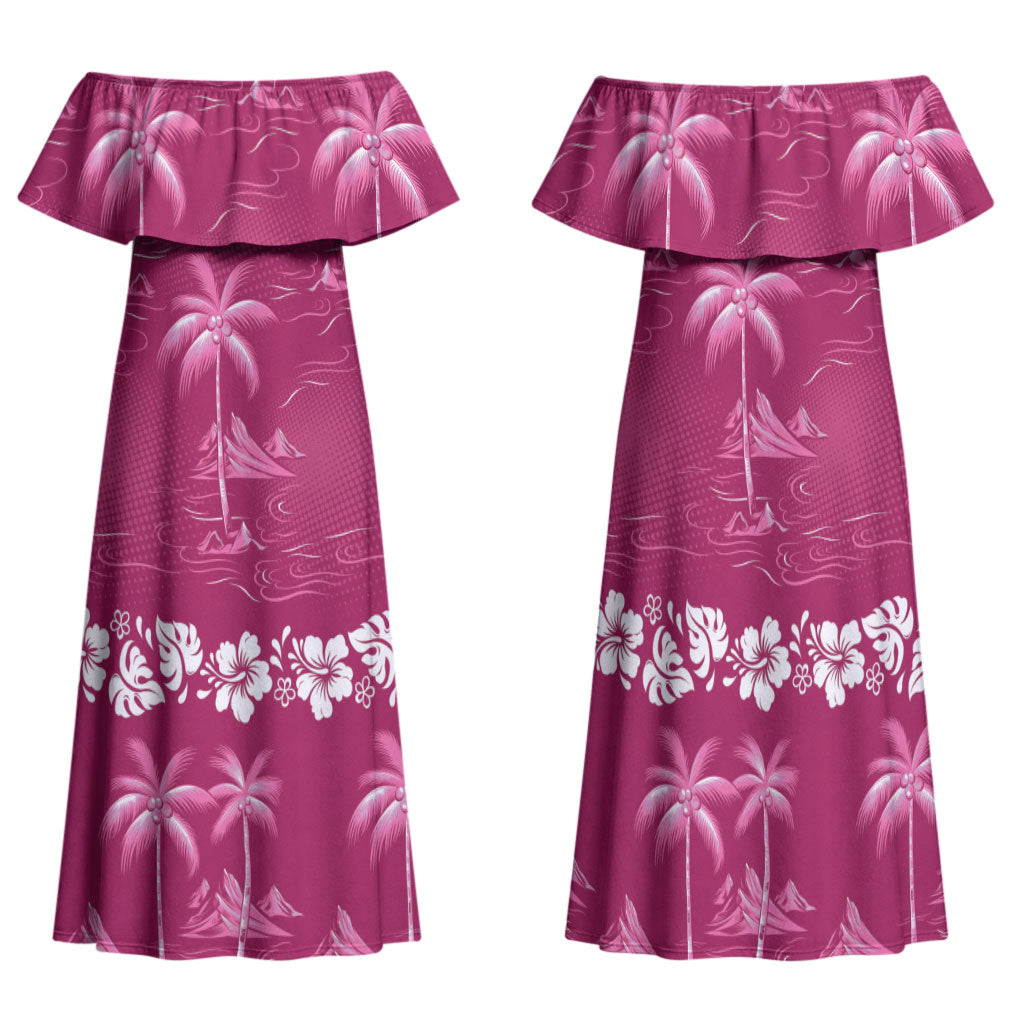Pink Hawaii Palm Tree Hibiscus Family Matching Off Shoulder Maxi Dress and Hawaiian Shirt Fantasy Summer Vibe