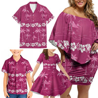 Pink Hawaii Palm Tree Hibiscus Family Matching Off Shoulder Short Dress and Hawaiian Shirt Fantasy Summer Vibe