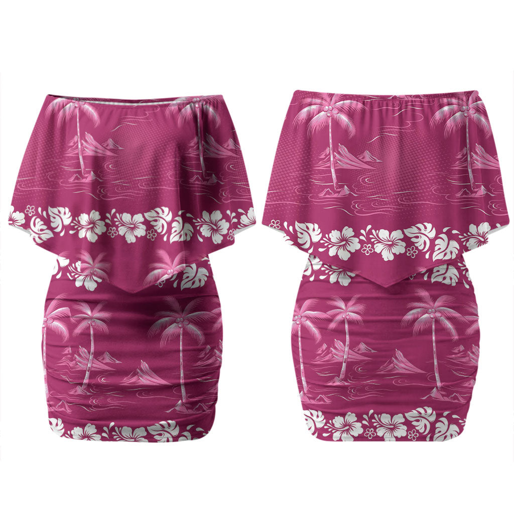 Pink Hawaii Palm Tree Hibiscus Family Matching Off Shoulder Short Dress and Hawaiian Shirt Fantasy Summer Vibe