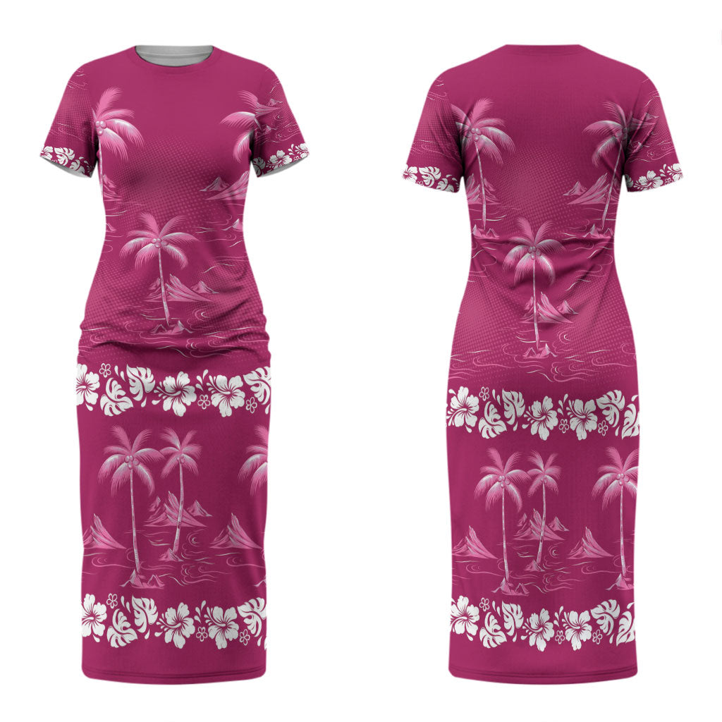 Pink Hawaii Palm Tree Hibiscus Family Matching Short Sleeve Bodycon Dress and Hawaiian Shirt Fantasy Summer Vibe