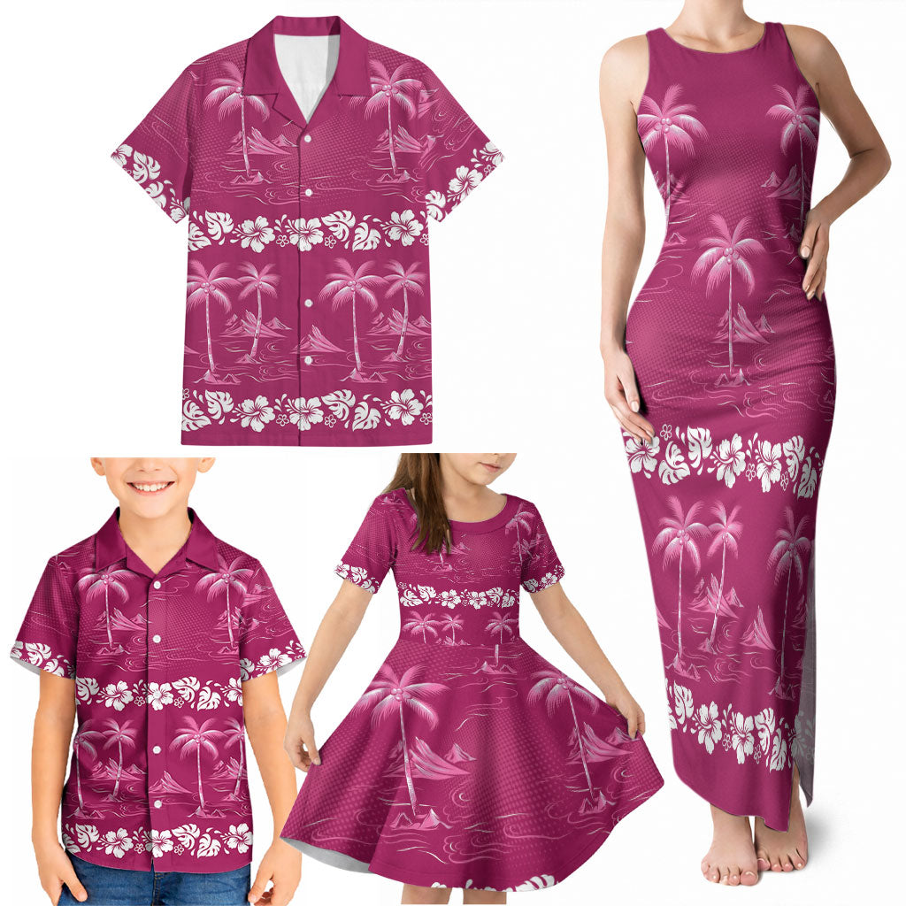 Pink Hawaii Palm Tree Hibiscus Family Matching Tank Maxi Dress and Hawaiian Shirt Fantasy Summer Vibe