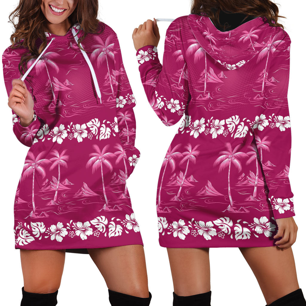 Pink Hawaii Palm Tree Hibiscus Hoodie Dress Fantasy Summer Vibe