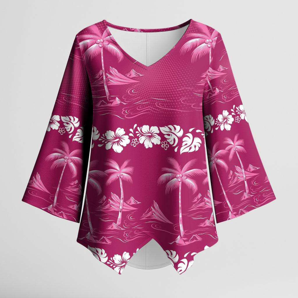 Pink Hawaii Palm Tree Hibiscus Kimono Sleeve Blouse Fantasy Summer Vibe