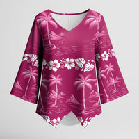Pink Hawaii Palm Tree Hibiscus Kimono Sleeve Blouse Fantasy Summer Vibe