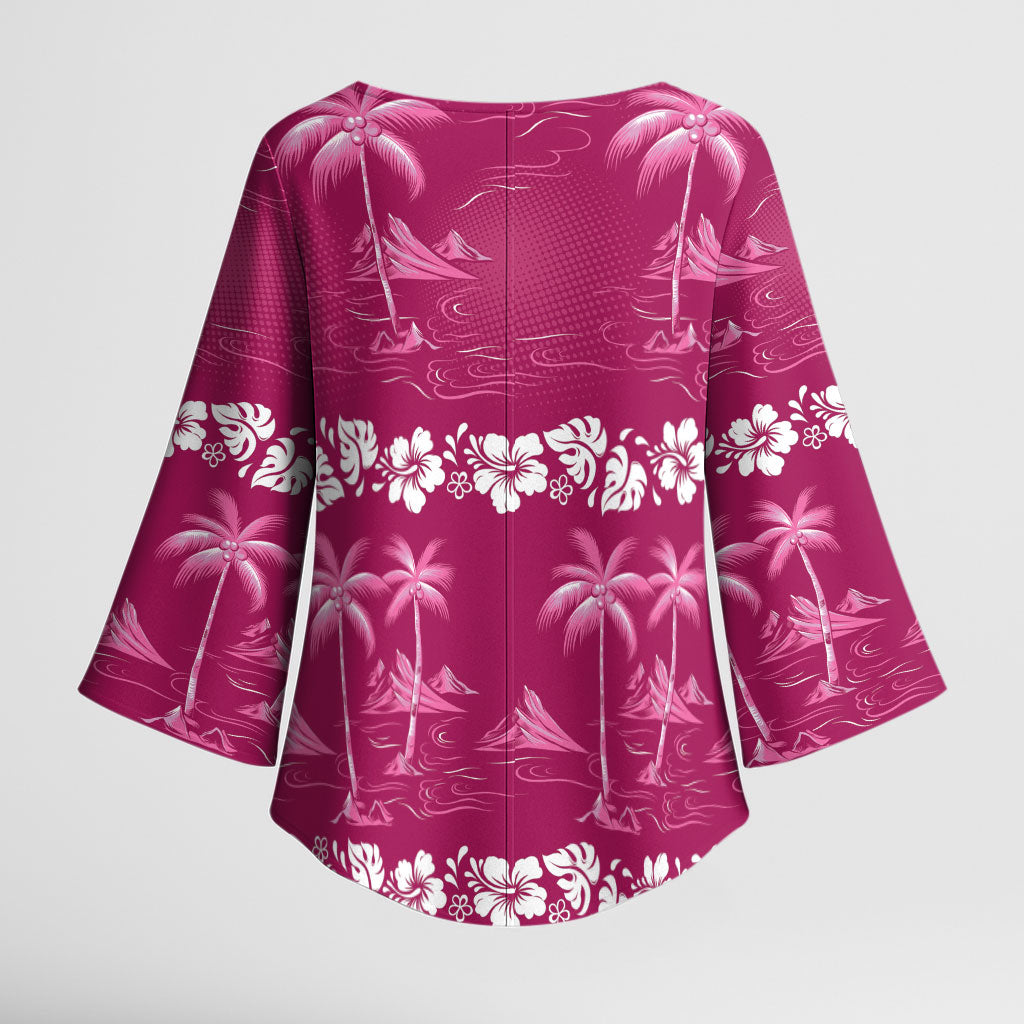 Pink Hawaii Palm Tree Hibiscus Kimono Sleeve Blouse Fantasy Summer Vibe