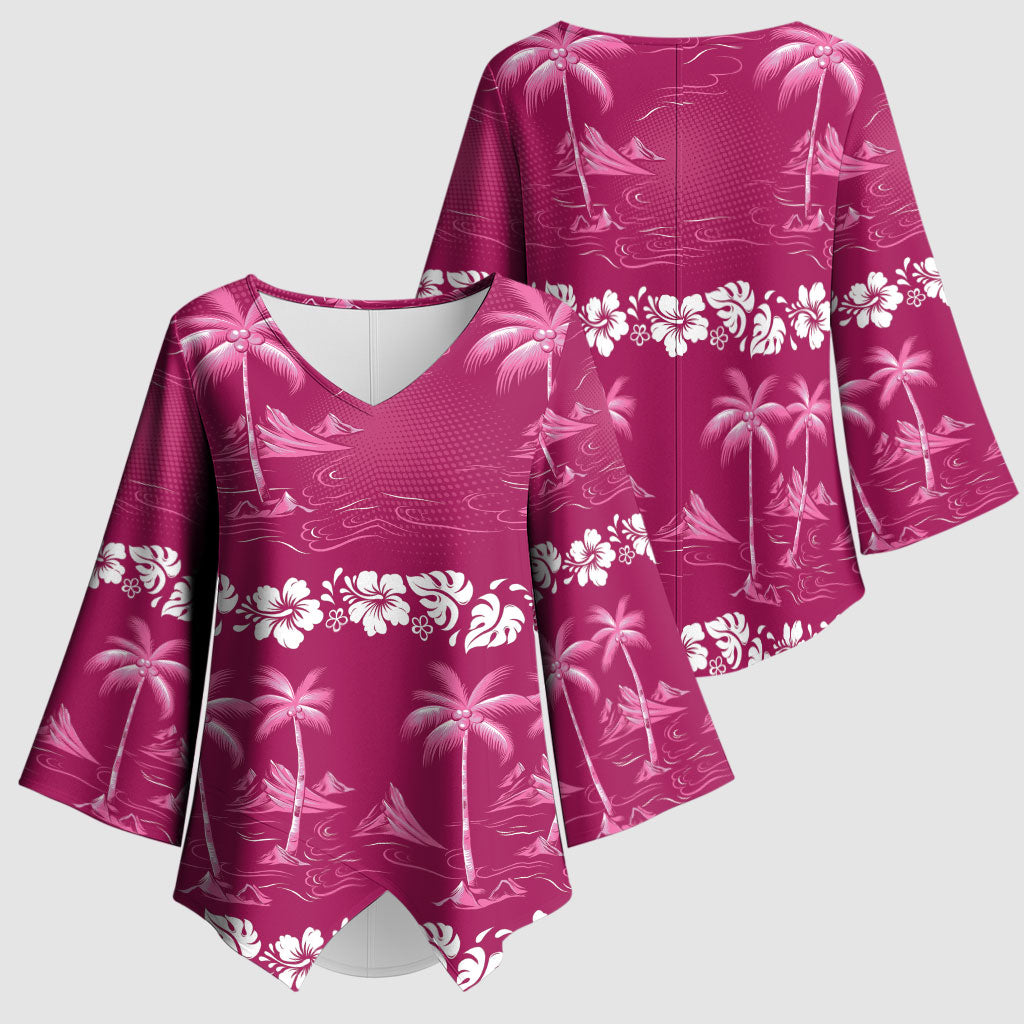 Pink Hawaii Palm Tree Hibiscus Kimono Sleeve Blouse Fantasy Summer Vibe