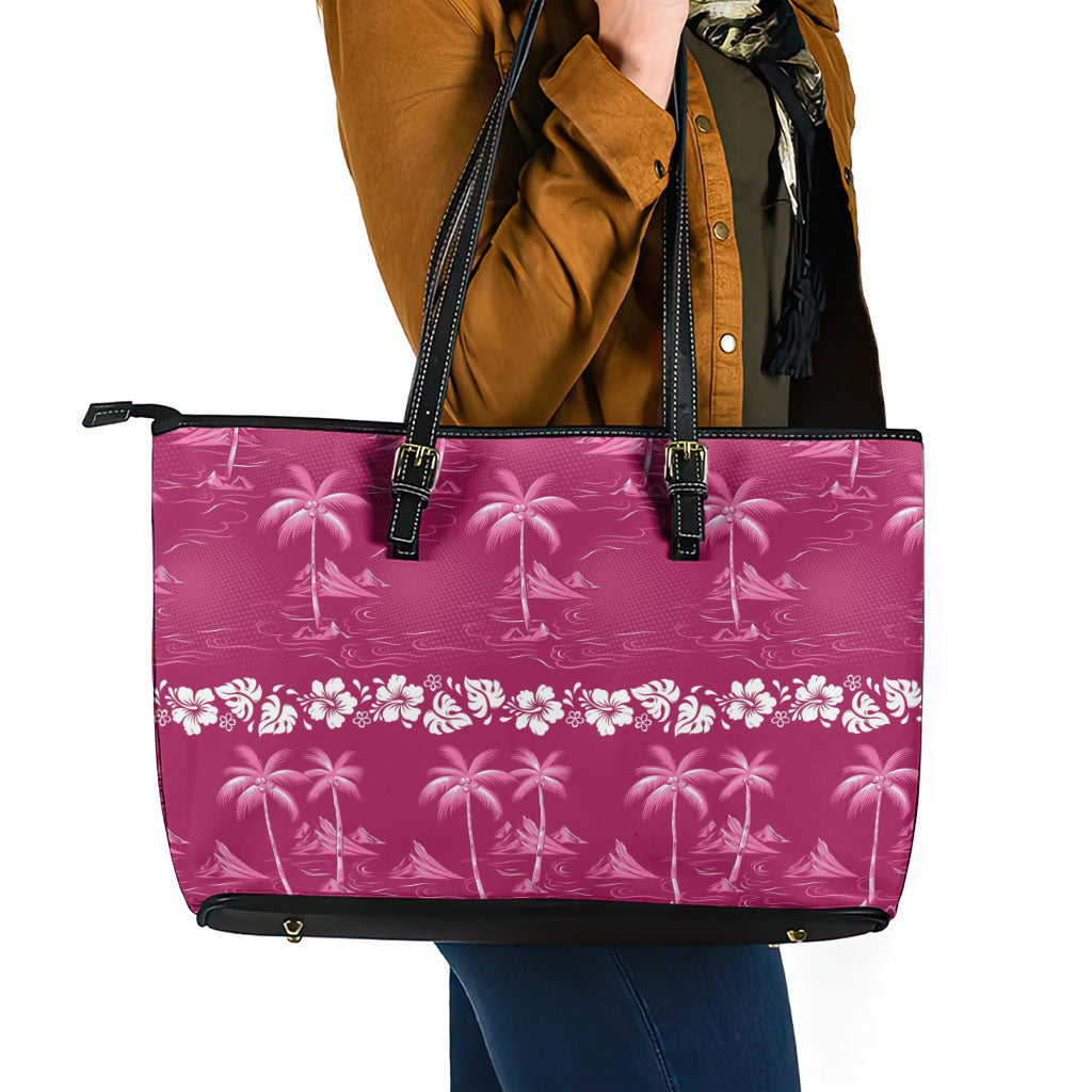 Pink Hawaii Palm Tree Hibiscus Leather Tote Bag Fantasy Summer Vibe