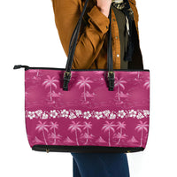 Pink Hawaii Palm Tree Hibiscus Leather Tote Bag Fantasy Summer Vibe