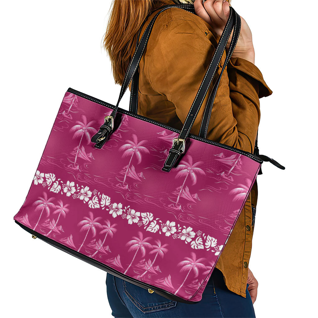 Pink Hawaii Palm Tree Hibiscus Leather Tote Bag Fantasy Summer Vibe
