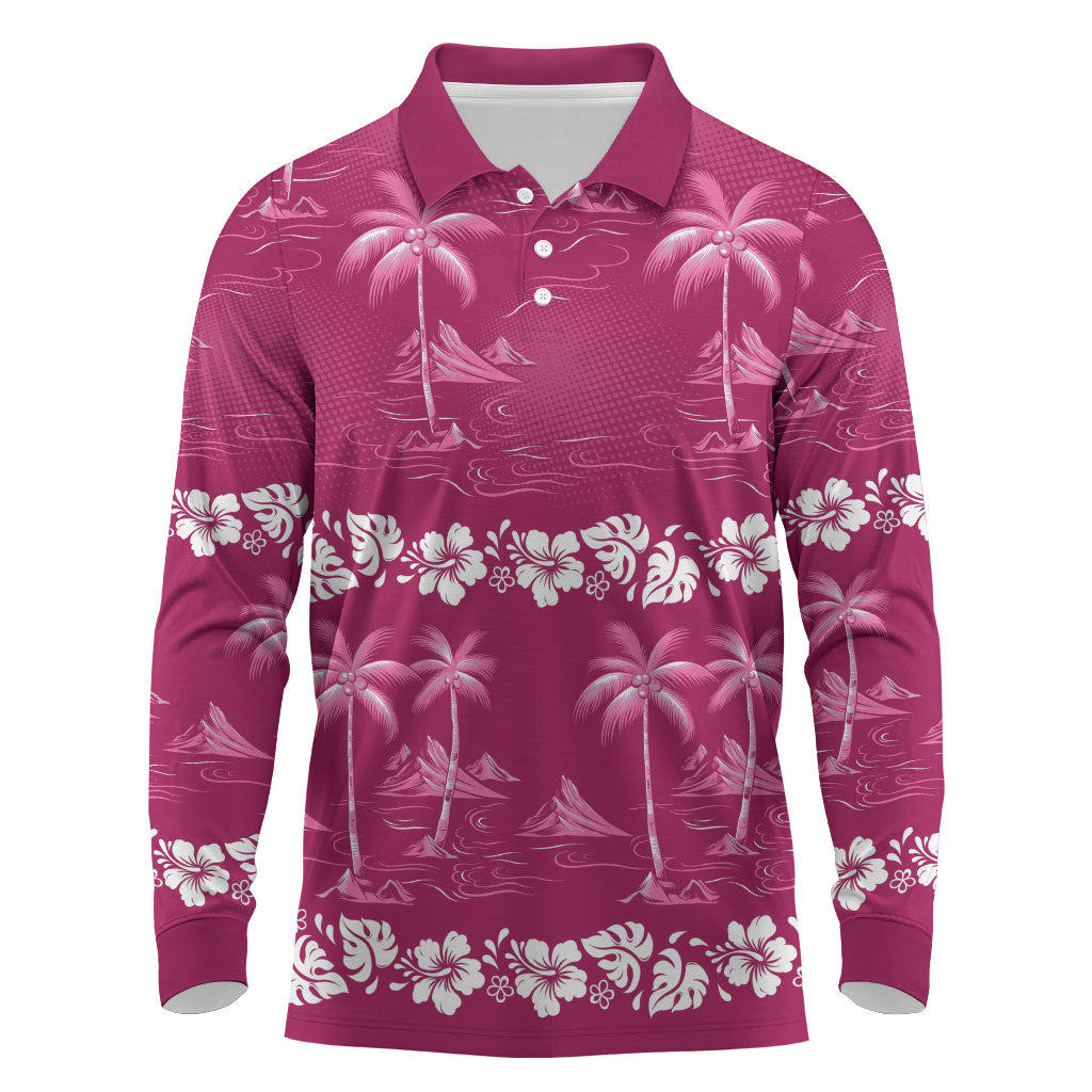 Pink Hawaii Palm Tree Hibiscus Long Sleeve Polo Shirt Fantasy Summer Vibe