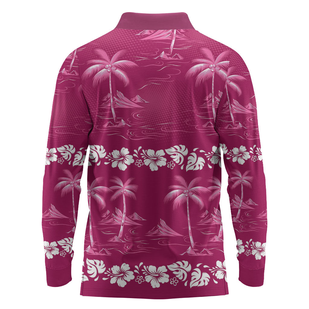 Pink Hawaii Palm Tree Hibiscus Long Sleeve Polo Shirt Fantasy Summer Vibe