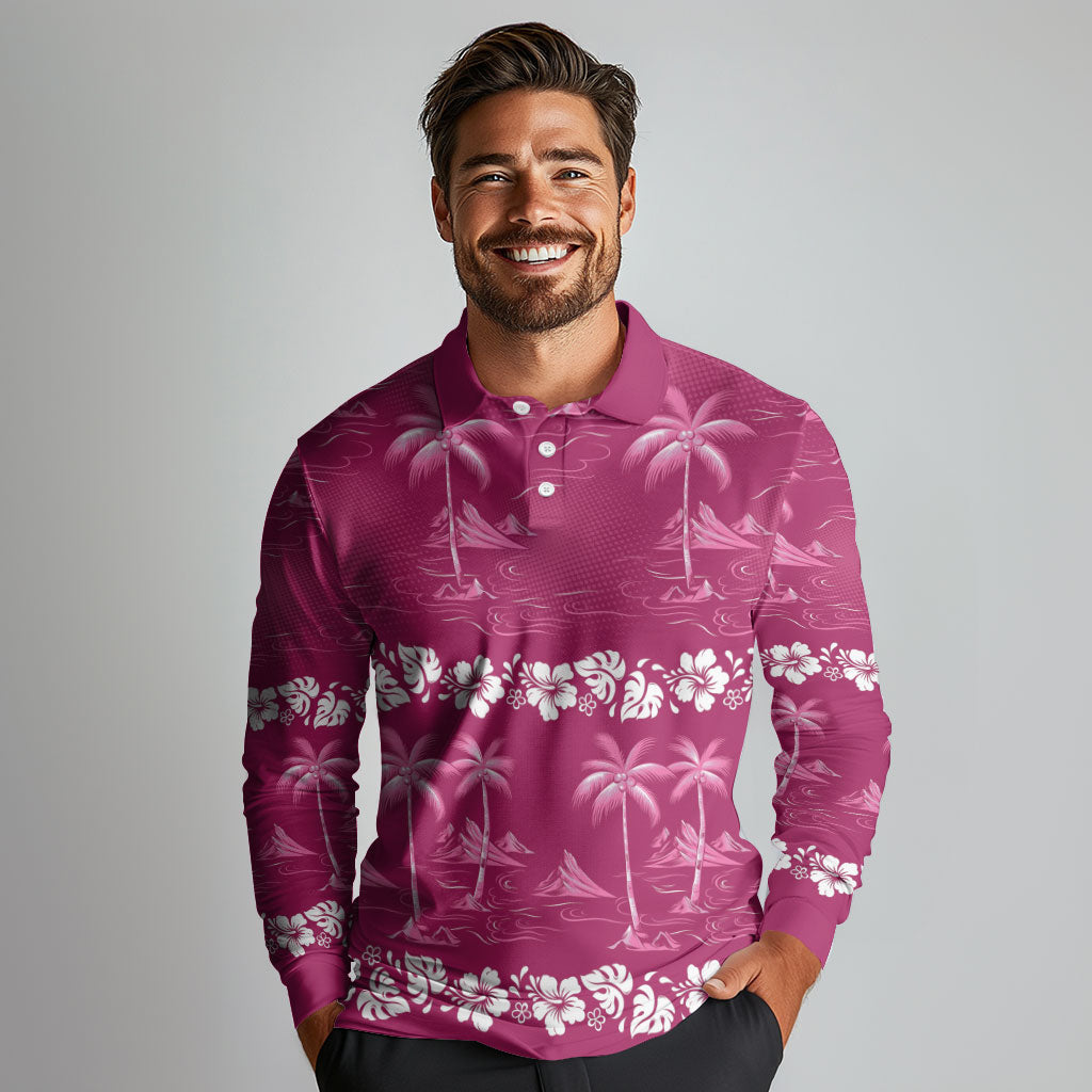 Pink Hawaii Palm Tree Hibiscus Long Sleeve Polo Shirt Fantasy Summer Vibe