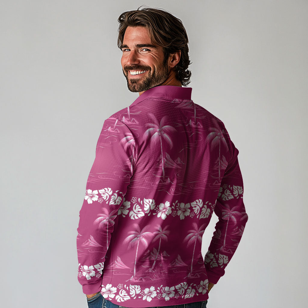 Pink Hawaii Palm Tree Hibiscus Long Sleeve Polo Shirt Fantasy Summer Vibe