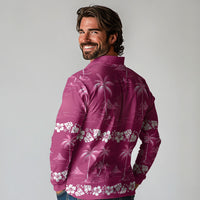 Pink Hawaii Palm Tree Hibiscus Long Sleeve Polo Shirt Fantasy Summer Vibe