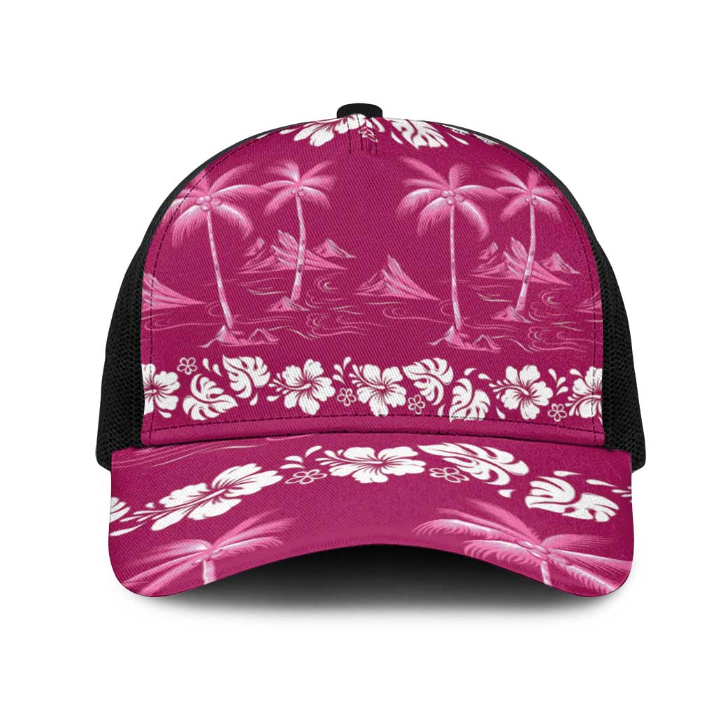 Pink Hawaii Palm Tree Hibiscus Mesh Trucker Cap Fantasy Summer Vibe