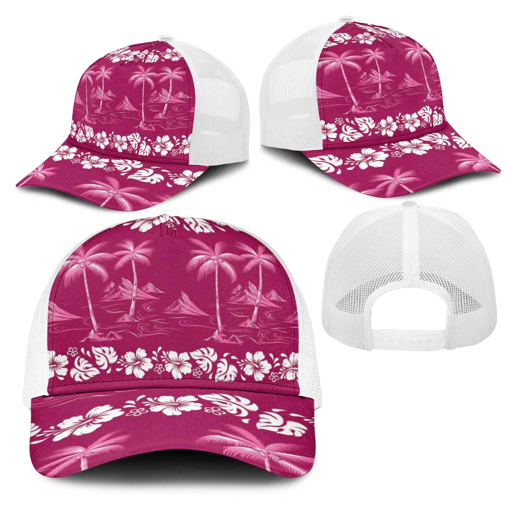 Pink Hawaii Palm Tree Hibiscus Mesh Trucker Cap Fantasy Summer Vibe