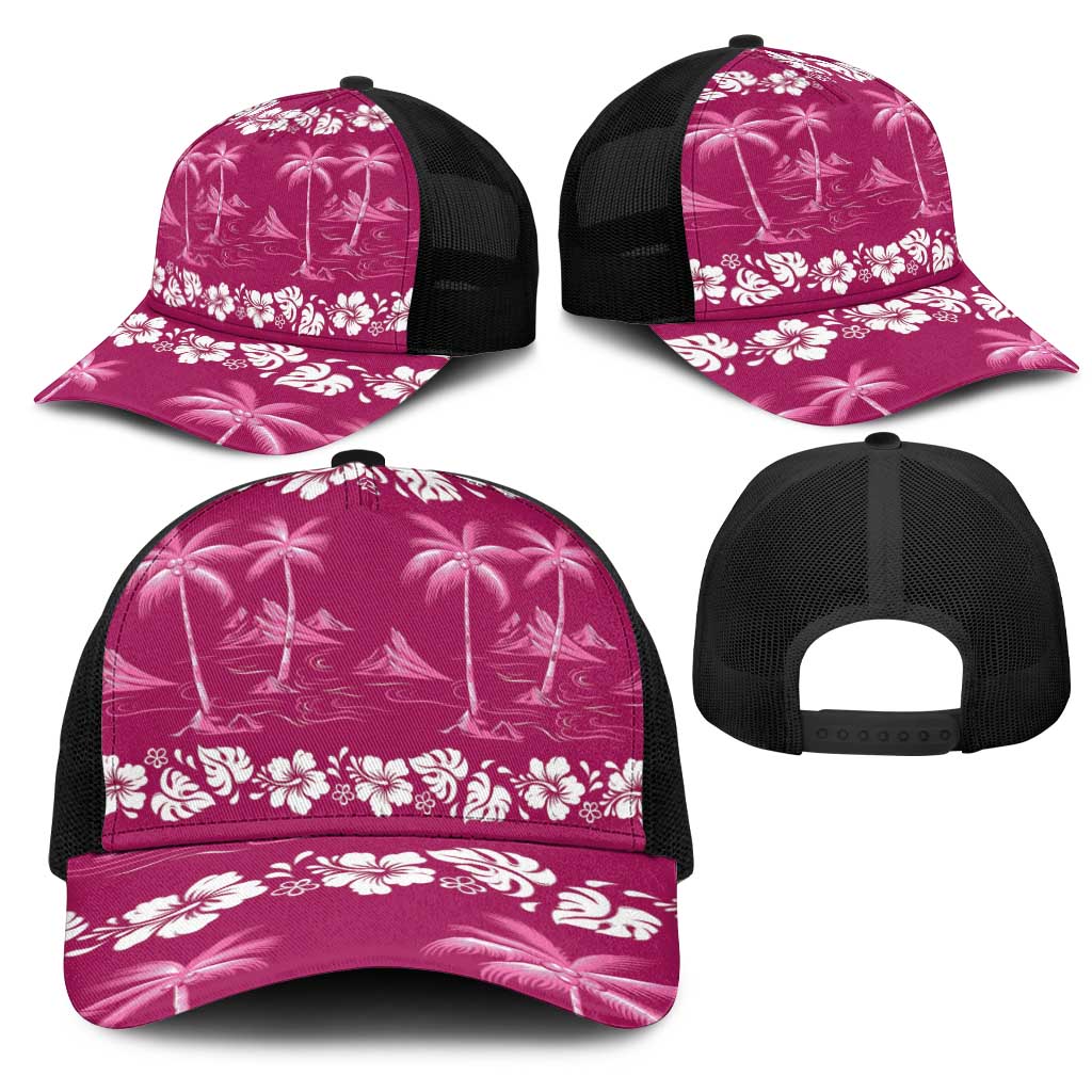 Pink Hawaii Palm Tree Hibiscus Mesh Trucker Cap Fantasy Summer Vibe