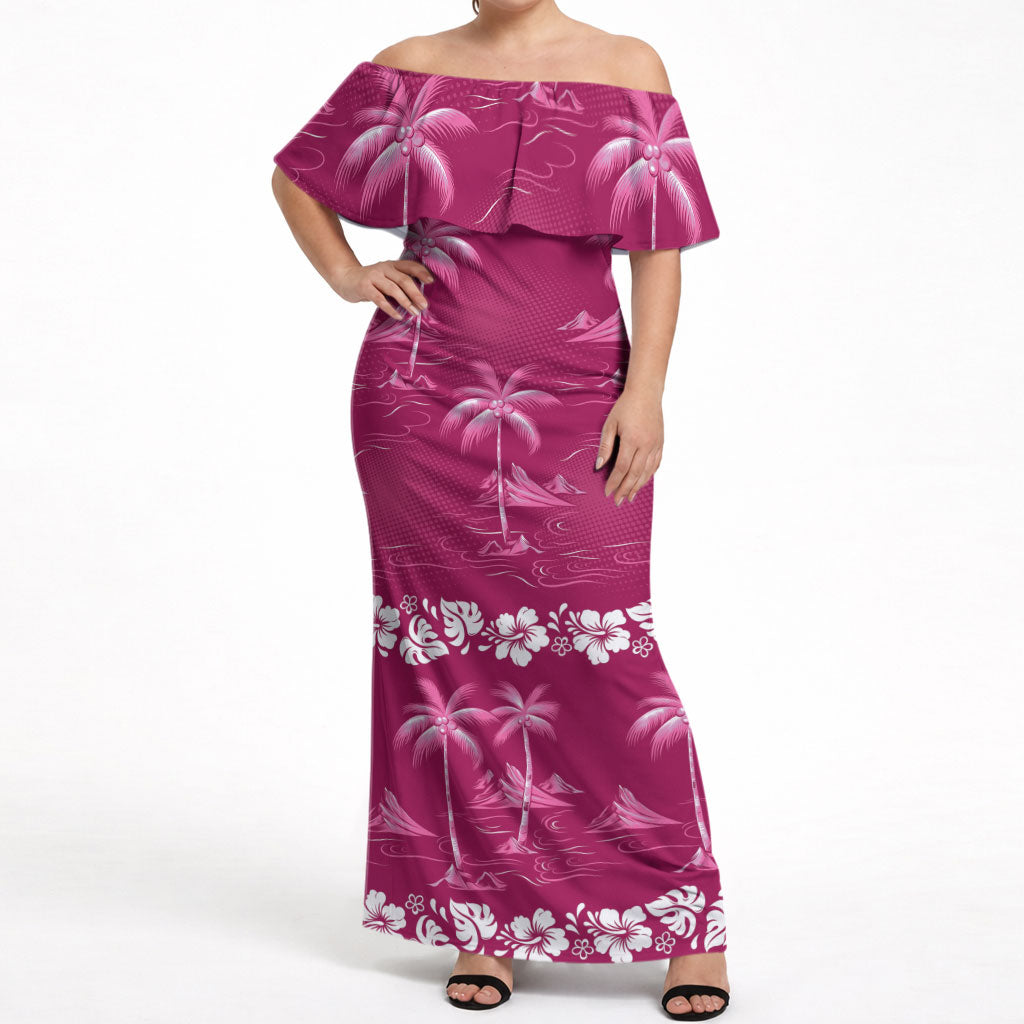 Pink Hawaii Palm Tree Hibiscus Off Shoulder Maxi Dress Fantasy Summer Vibe LT01 Women Pink - Polynesian Pride