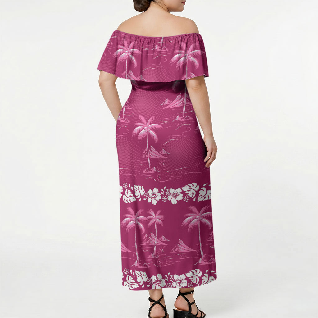 Pink Hawaii Palm Tree Hibiscus Off Shoulder Maxi Dress Fantasy Summer Vibe