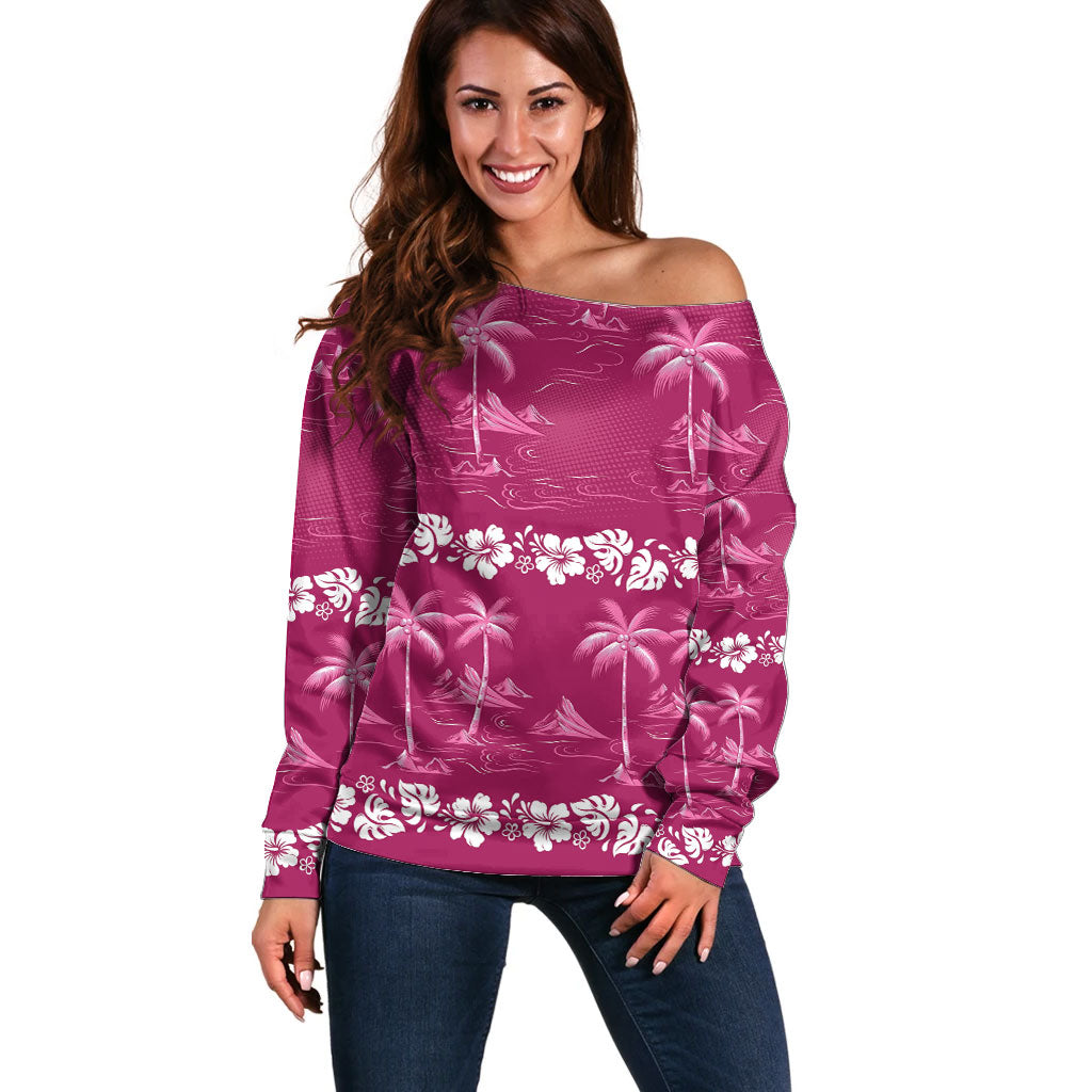 Pink Hawaii Palm Tree Hibiscus Off Shoulder Sweater Fantasy Summer Vibe