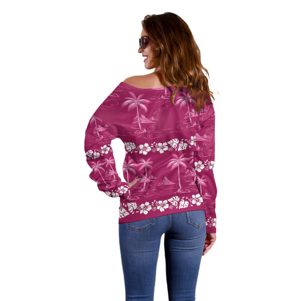 Pink Hawaii Palm Tree Hibiscus Off Shoulder Sweater Fantasy Summer Vibe
