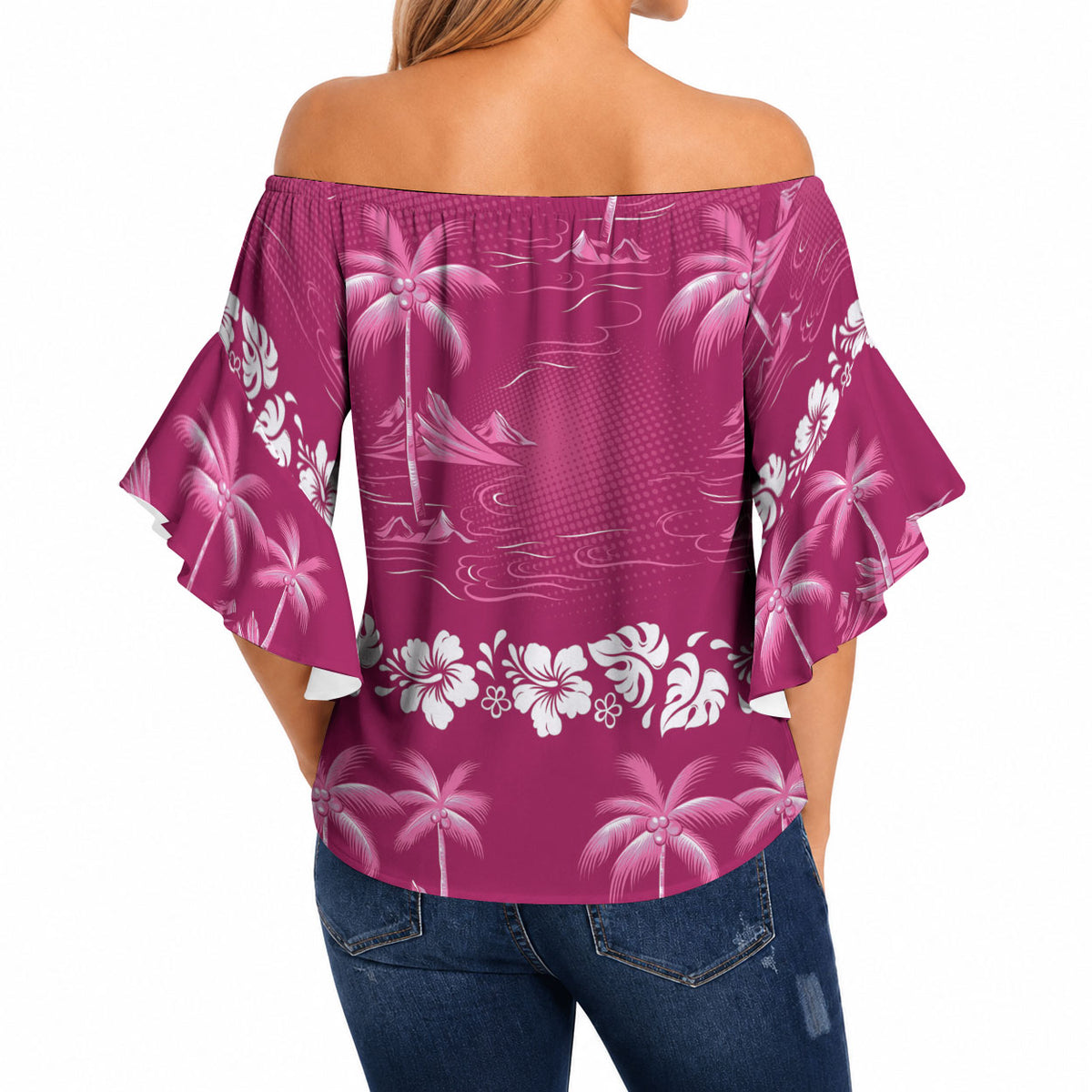 Pink Hawaii Palm Tree Hibiscus Off Shoulder Wrap Waist Top Fantasy Summer Vibe
