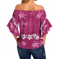 Pink Hawaii Palm Tree Hibiscus Off Shoulder Wrap Waist Top Fantasy Summer Vibe
