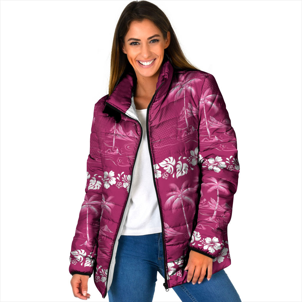 Pink Hawaii Palm Tree Hibiscus Padded Jacket Fantasy Summer Vibe
