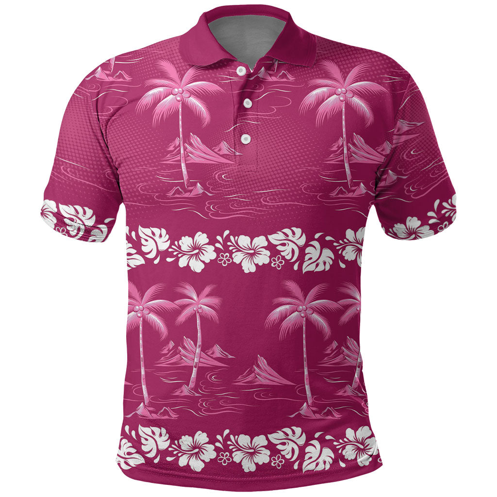 Pink Hawaii Palm Tree Hibiscus Polo Shirt Fantasy Summer Vibe