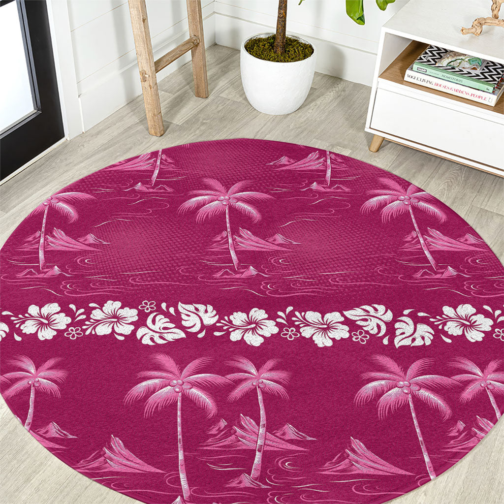 Pink Hawaii Palm Tree Hibiscus Round Carpet Fantasy Summer Vibe