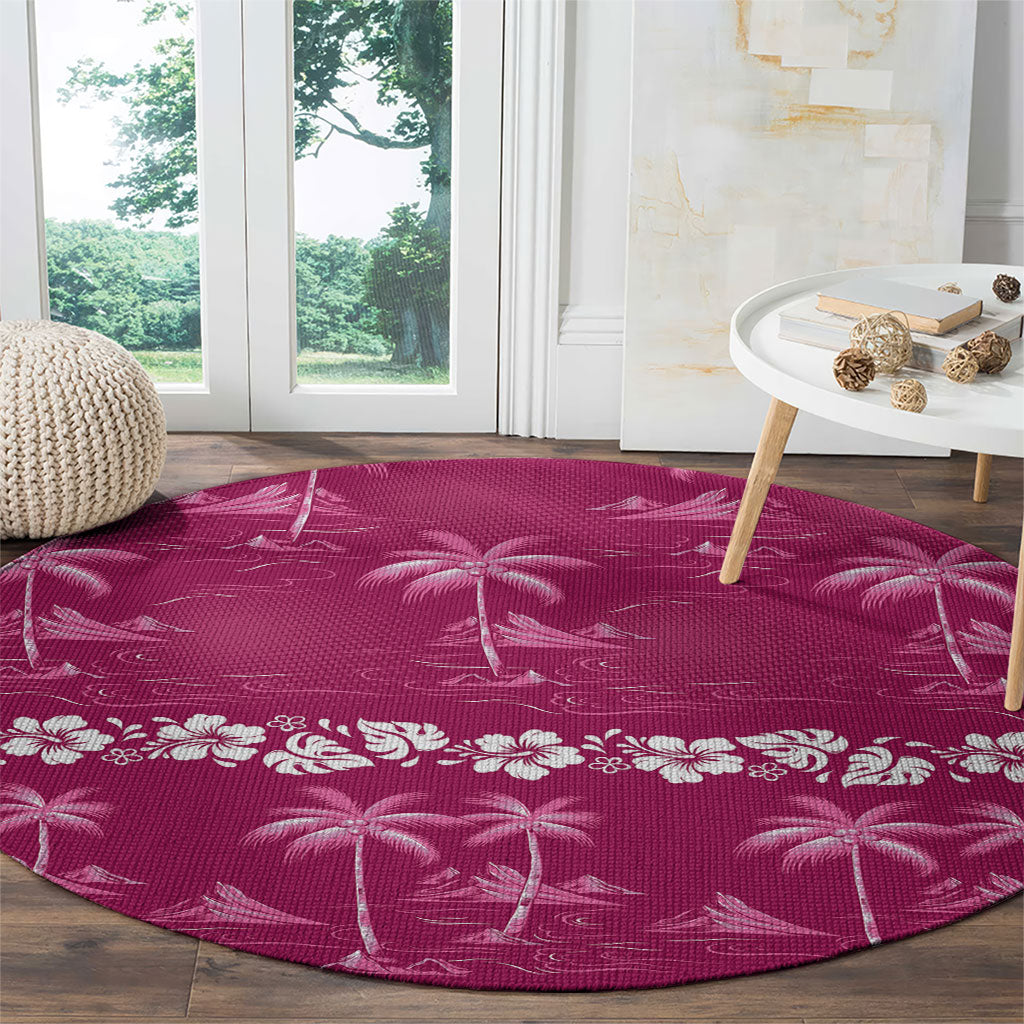 Pink Hawaii Palm Tree Hibiscus Round Carpet Fantasy Summer Vibe