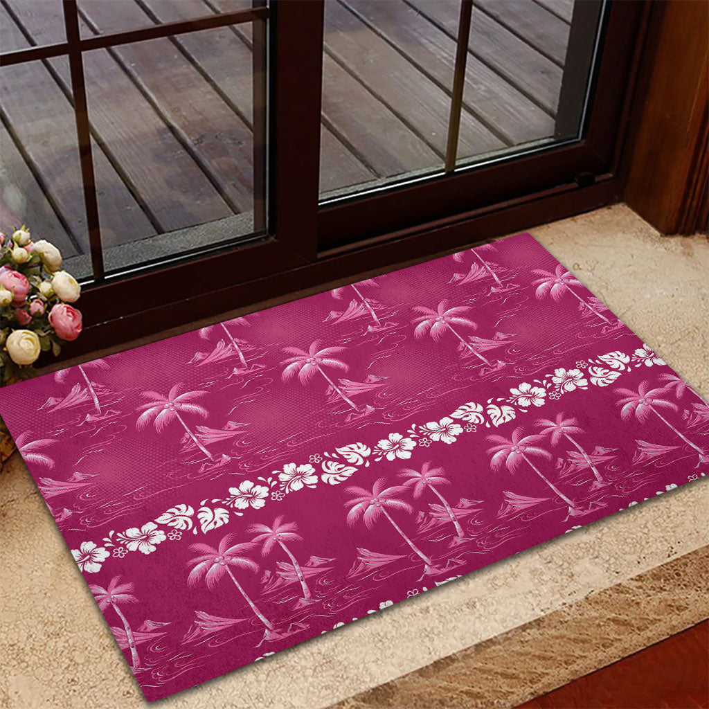 Pink Hawaii Palm Tree Hibiscus Rubber Doormat Fantasy Summer Vibe