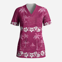 Pink Hawaii Palm Tree Hibiscus Scrub Top Fantasy Summer Vibe