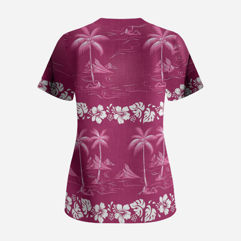 Pink Hawaii Palm Tree Hibiscus Scrub Top Fantasy Summer Vibe