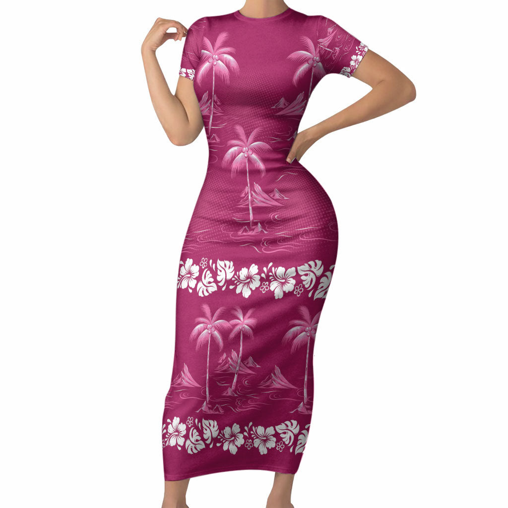 Pink Hawaii Palm Tree Hibiscus Short Sleeve Bodycon Dress Fantasy Summer Vibe