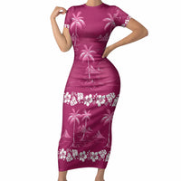 Pink Hawaii Palm Tree Hibiscus Short Sleeve Bodycon Dress Fantasy Summer Vibe