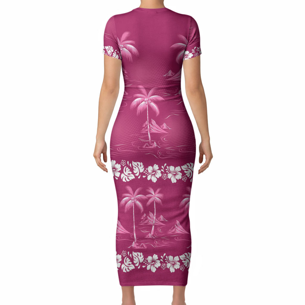 Pink Hawaii Palm Tree Hibiscus Short Sleeve Bodycon Dress Fantasy Summer Vibe