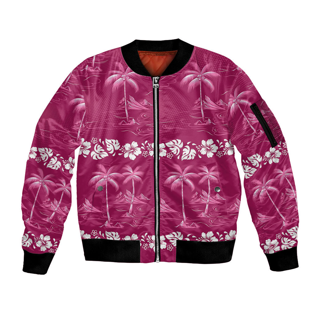 Pink Hawaii Palm Tree Hibiscus Sleeve Zip Bomber Jacket Fantasy Summer Vibe