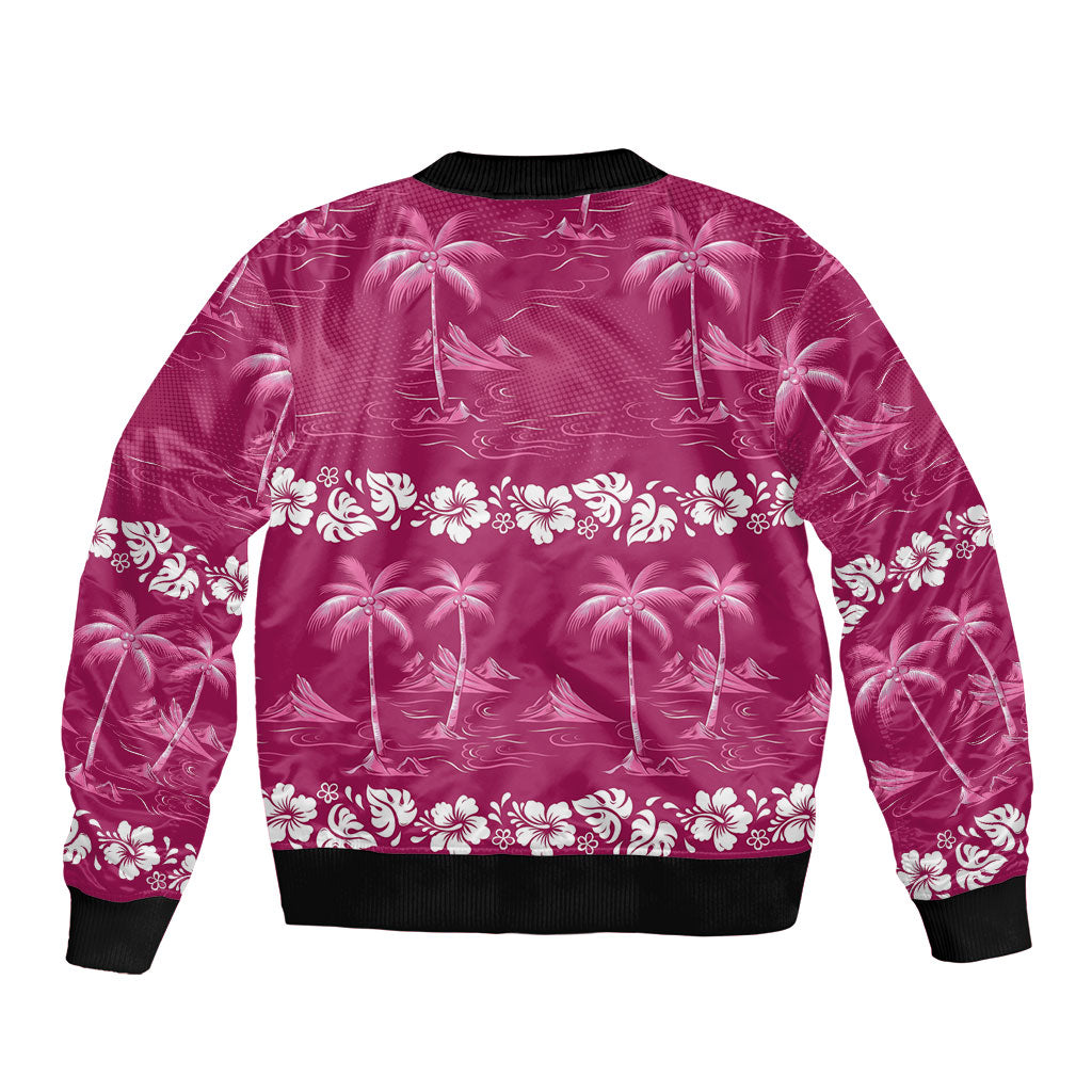 Pink Hawaii Palm Tree Hibiscus Sleeve Zip Bomber Jacket Fantasy Summer Vibe